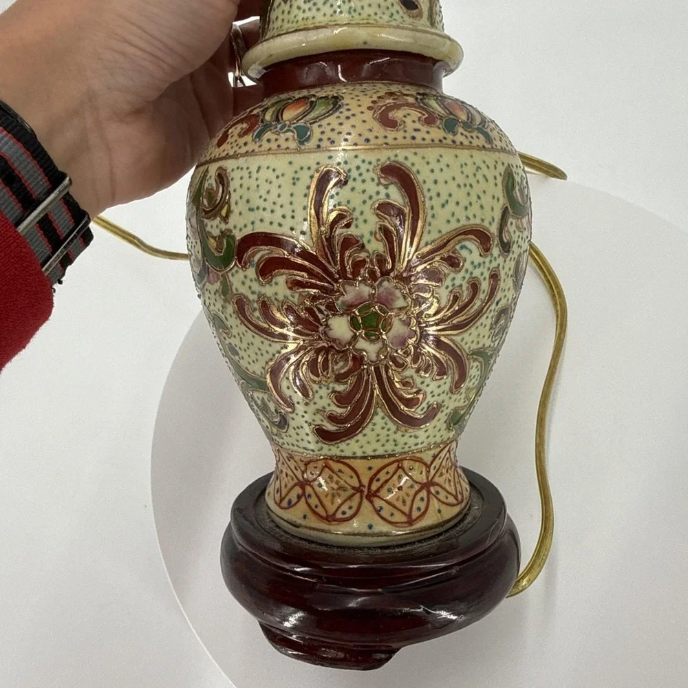Vtg Asian Satuma Style Ginger Jar‎ Lamp Hand Painted Floral Chinoiserie Enamel
